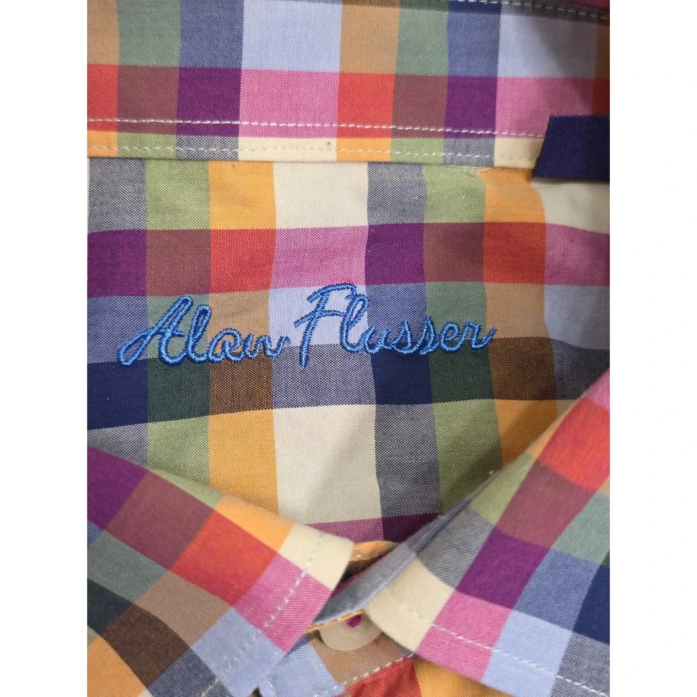 Alan Flusser Mens Large Multi Color Plaid Button Down Shirt Cotton Long Sleeve